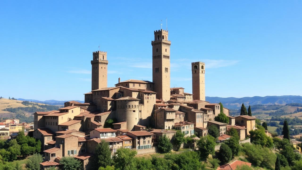 Medieval hilltop town of San Gimignano with famous towers and Tuscan countryside panorama