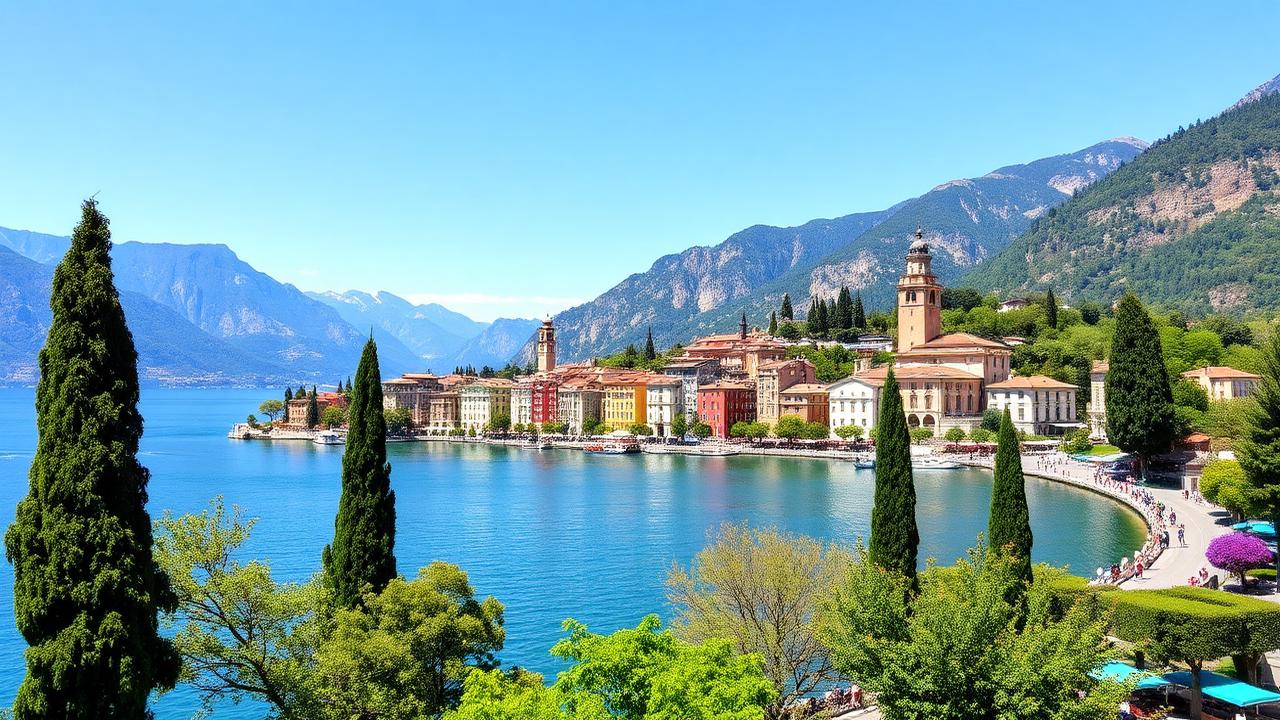 Stunning panoramic view of Lake Como from Bellagio with colorful lakeside villas and mountains