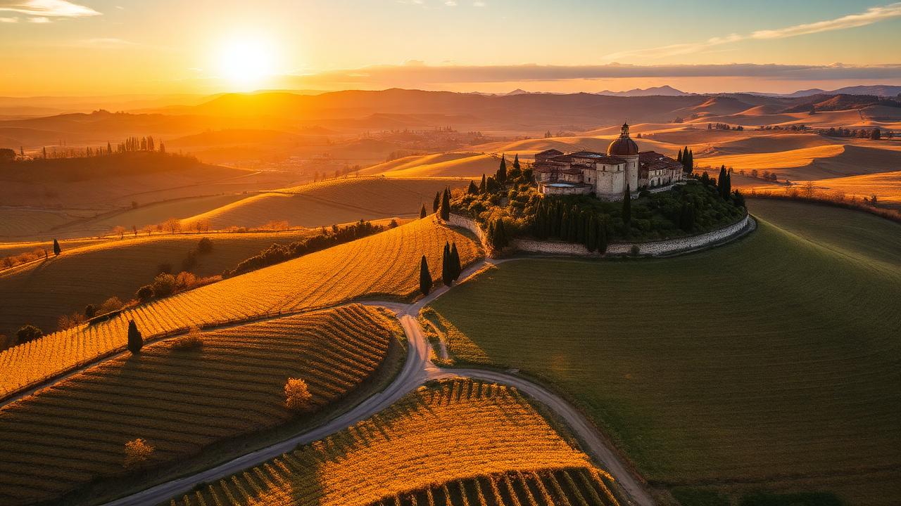 Golden sunset over Tuscan countryside with rolling hills, vineyards and cypress trees