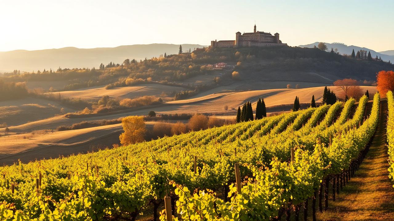 Sangiovese vineyard landscape in Montalcino Tuscany with medieval fortress at golden hour