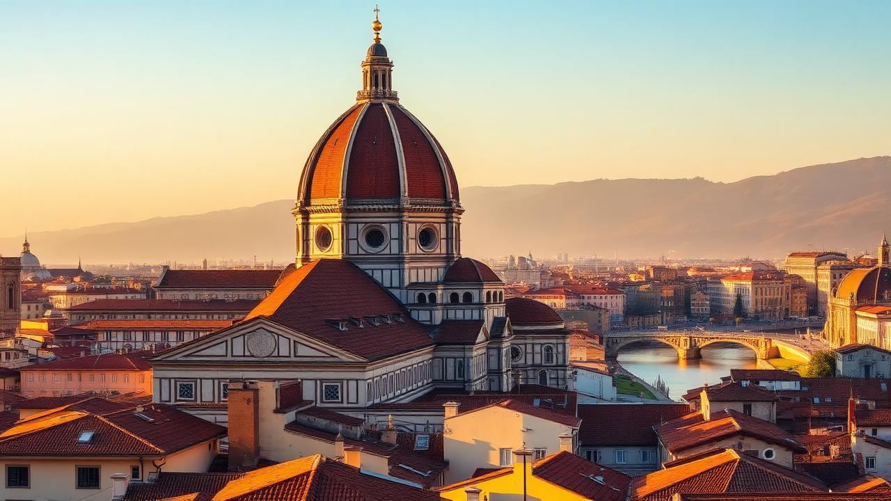 Florence Duomo cathedral Santa Maria del Fiore at golden hour with city panorama