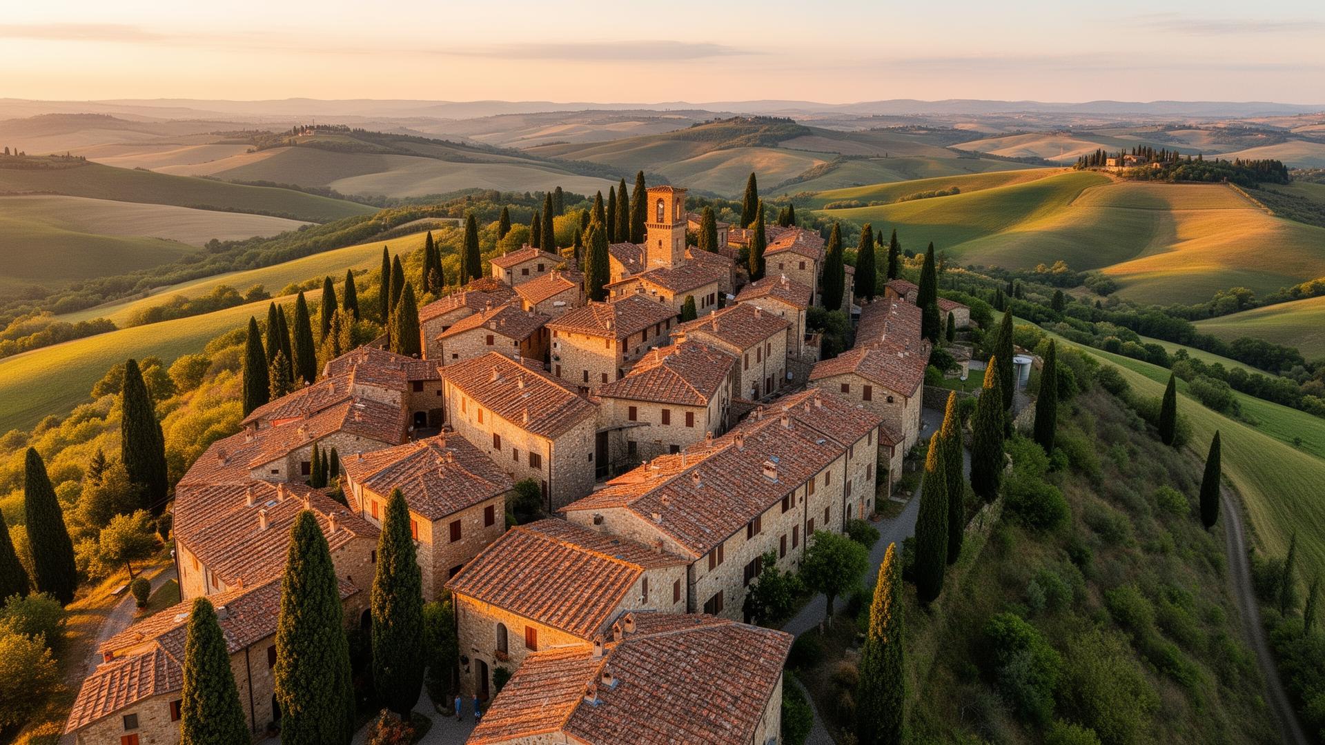 Sun-drenched Tuscan borgo with cypress trees at golden hour