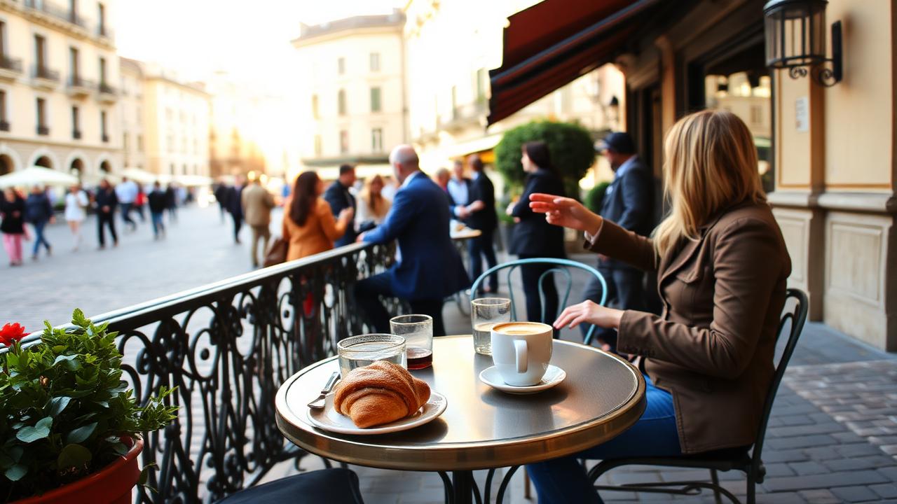 Italian cafe terrace with espresso and croissant, locals socializing in charming piazza