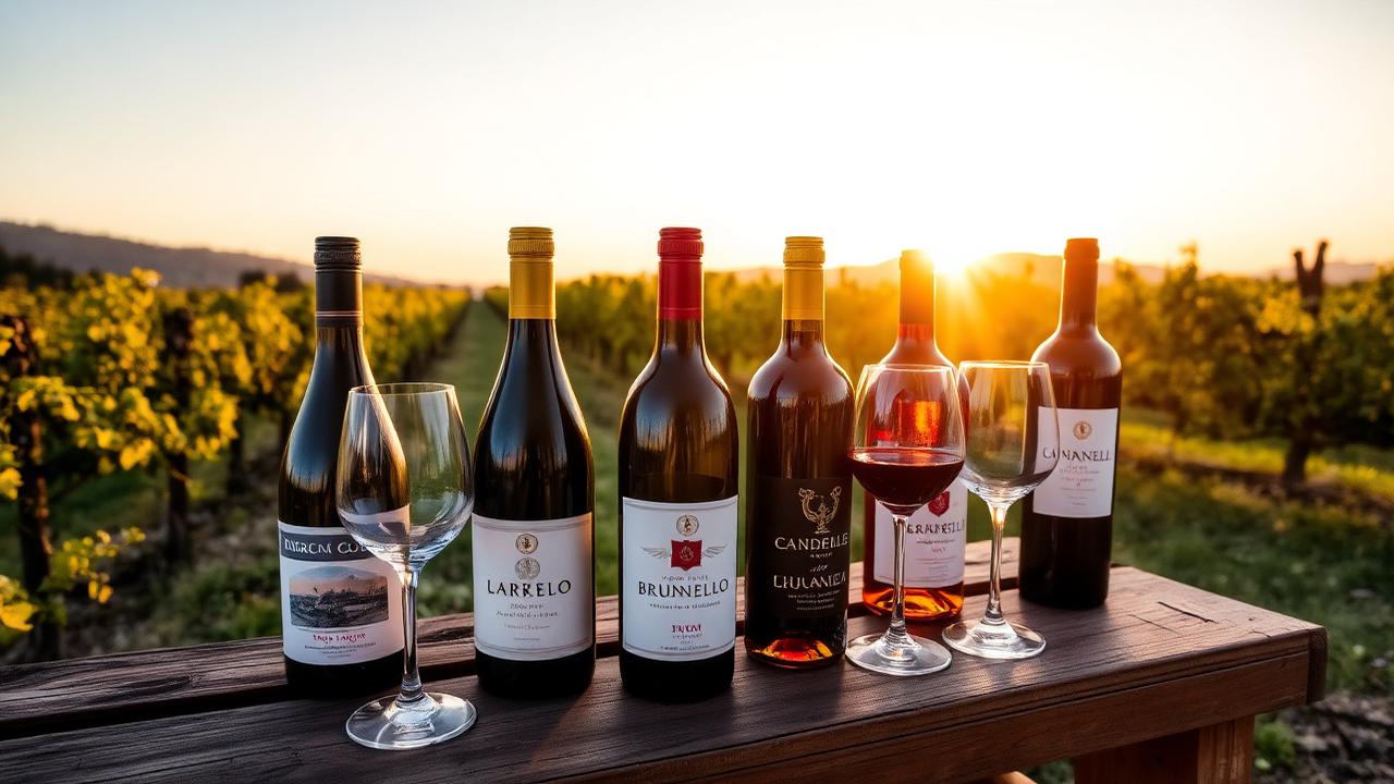 Italian wine bottles and glasses on rustic table in vineyard at sunset