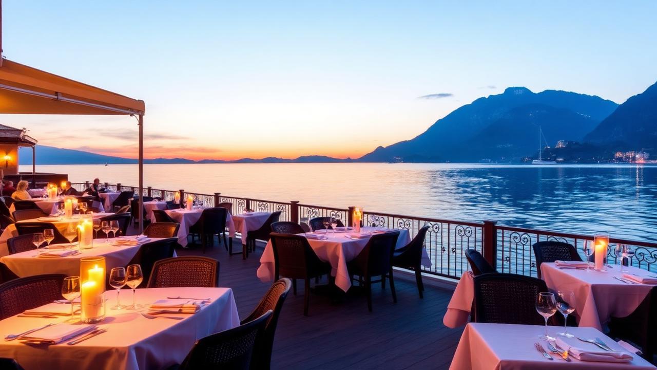 Elegant lakeside restaurant terrace on Lake Como at sunset with panoramic lake views
