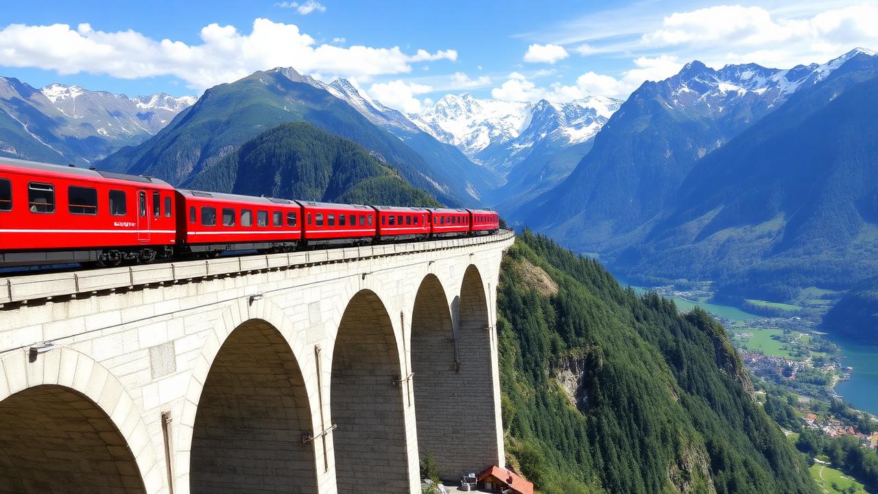 Bernina Express red train crossing stone viaduct in Swiss Alps with snow-capped mountains