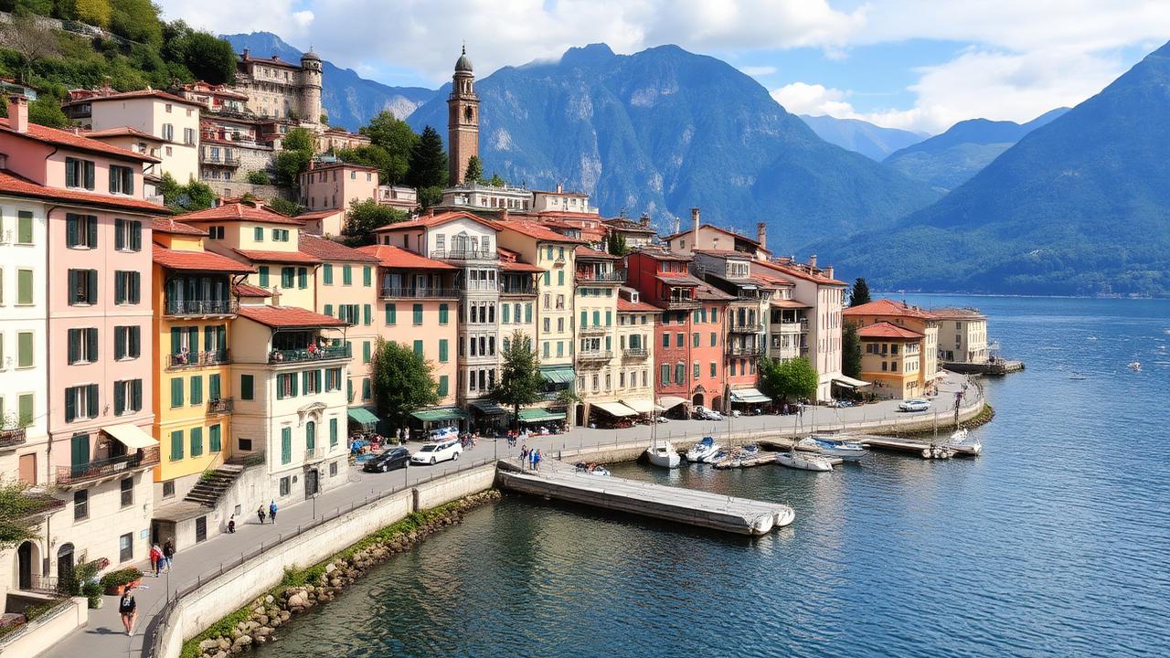 Charming lakeside town of Varenna on Lake Como with pastel houses and mountain backdrop