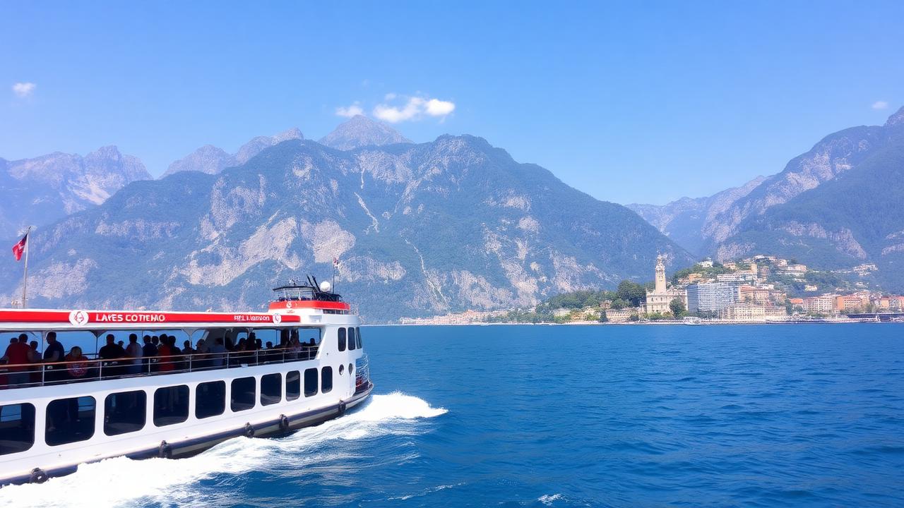 Ferry boat crossing Lake Como with dramatic mountain backdrop