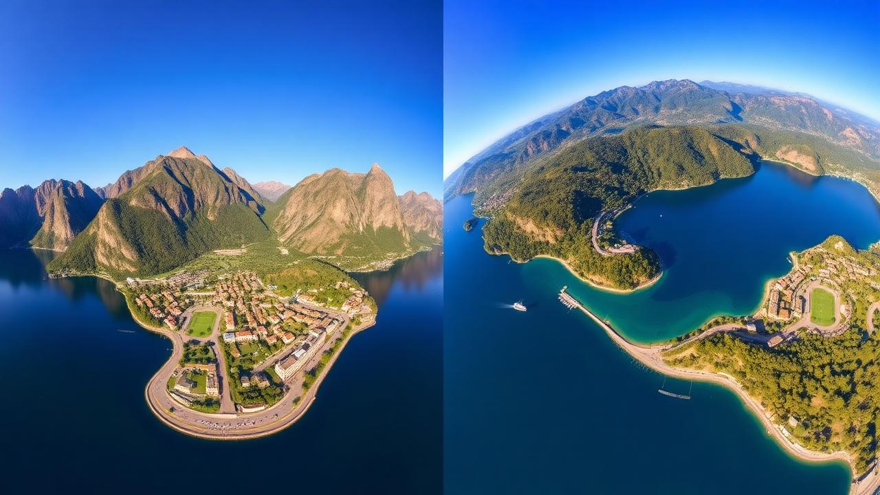 Aerial comparison of Lake Como with dramatic mountains and Lake Garda with Mediterranean landscape