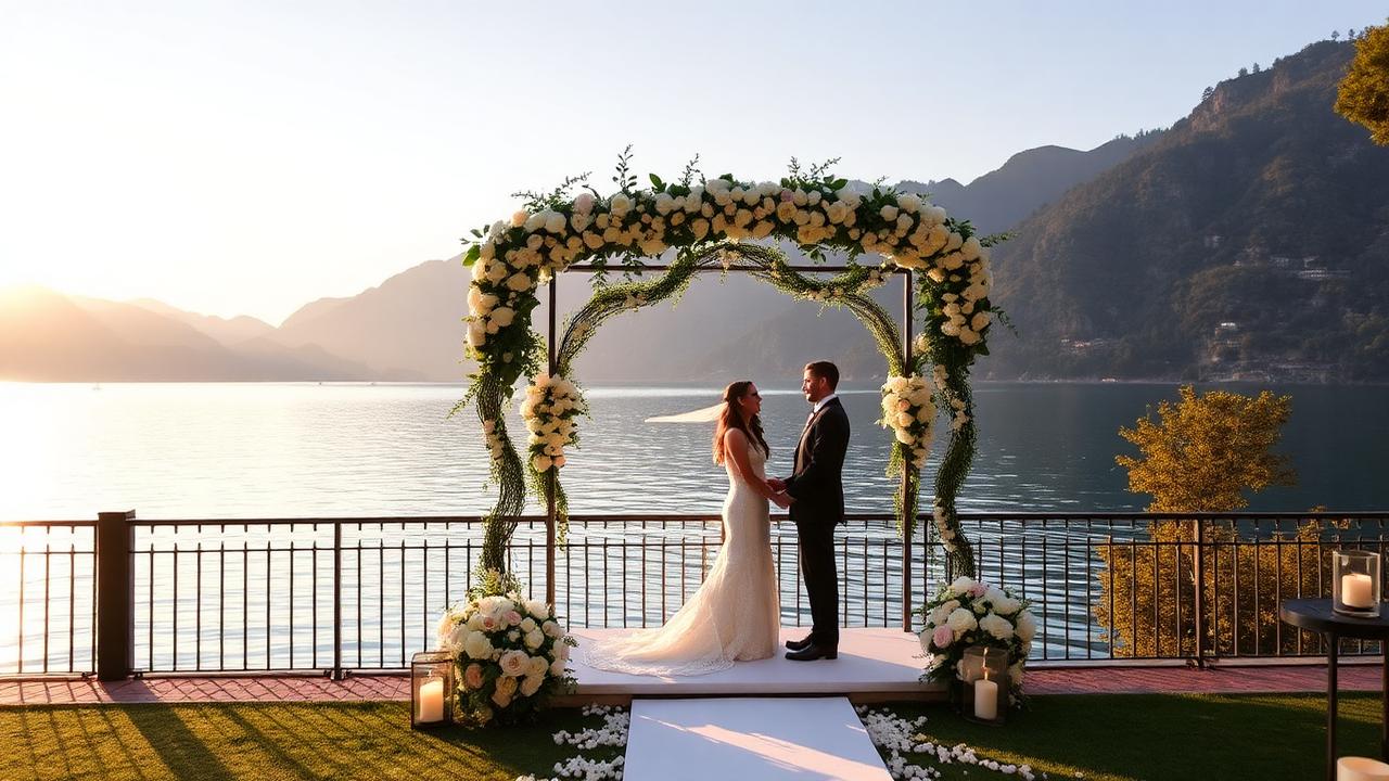Romantic luxury wedding ceremony by Lake Como with flower arch and mountain backdrop at sunset