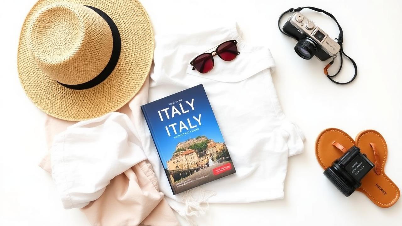 Stylish summer travel packing flat lay with straw hat, linen clothes, sunglasses and Italy guidebook