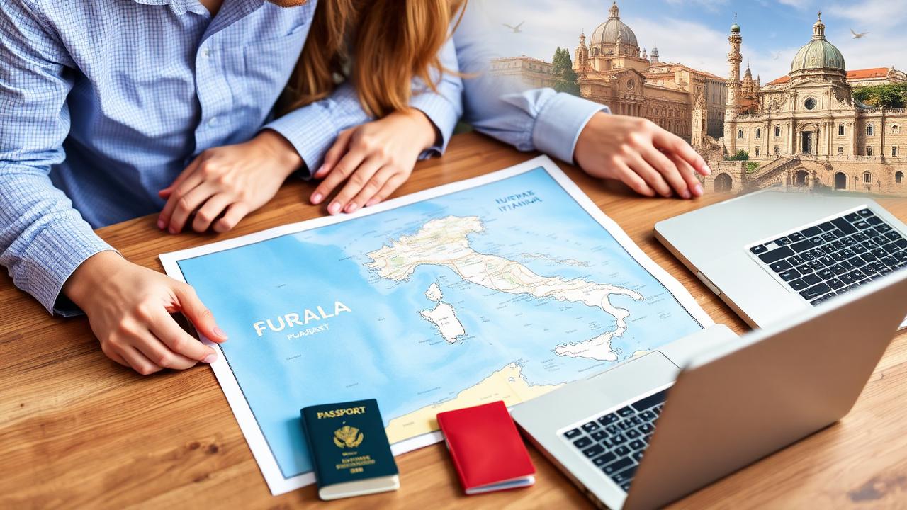 Couple planning Italian vacation with map of Italy, passport and laptop on table