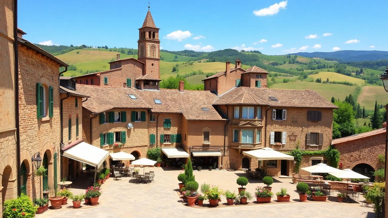 Charming medieval village in Chianti with piazza and outdoor cafes surrounded by green hills