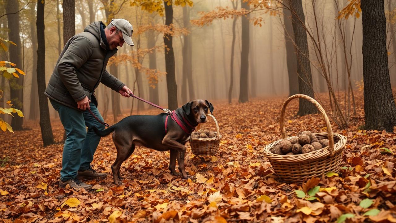 Truffle hunter with trained dog searching in Tuscan forest during autumn