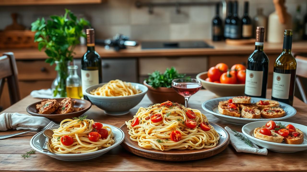 Authentic Italian Tuscan cuisine spread with handmade pasta, bruschetta, olive oil and Chianti wine