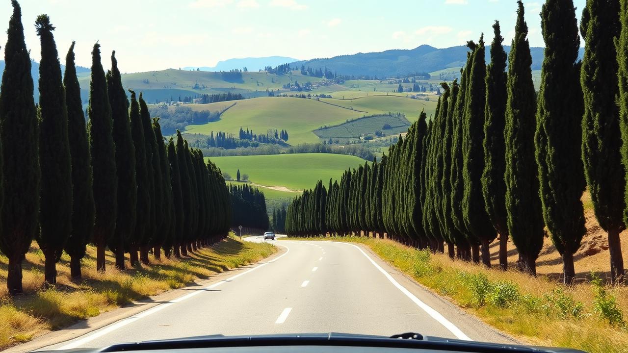 Scenic Tuscan road lined with cypress trees through green countryside