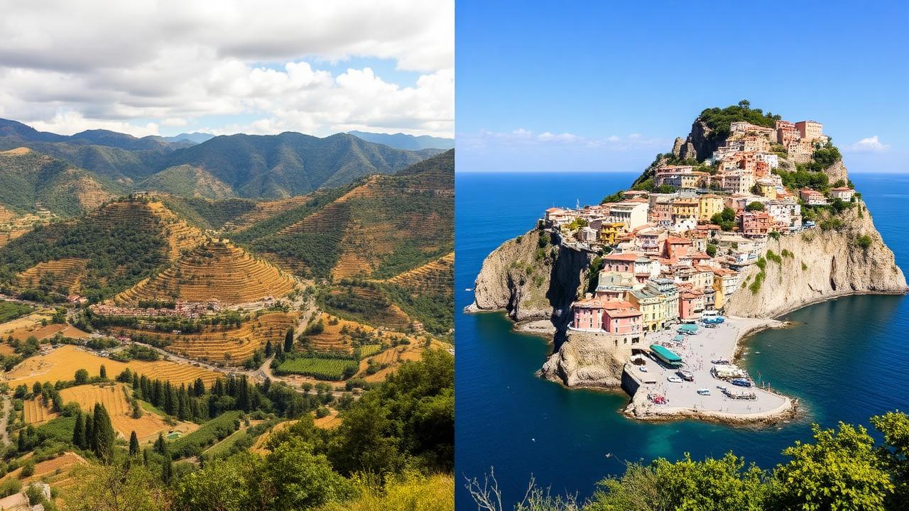 Split panoramic view comparing Tuscan hills with vineyards and Amalfi Coast cliffside village