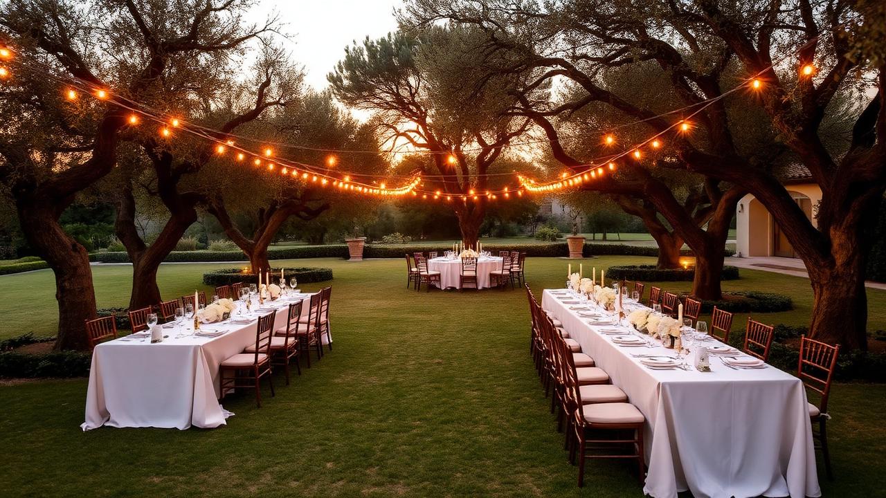 Elegant outdoor destination wedding setup in a Tuscan villa garden with olive trees and string lights at sunset