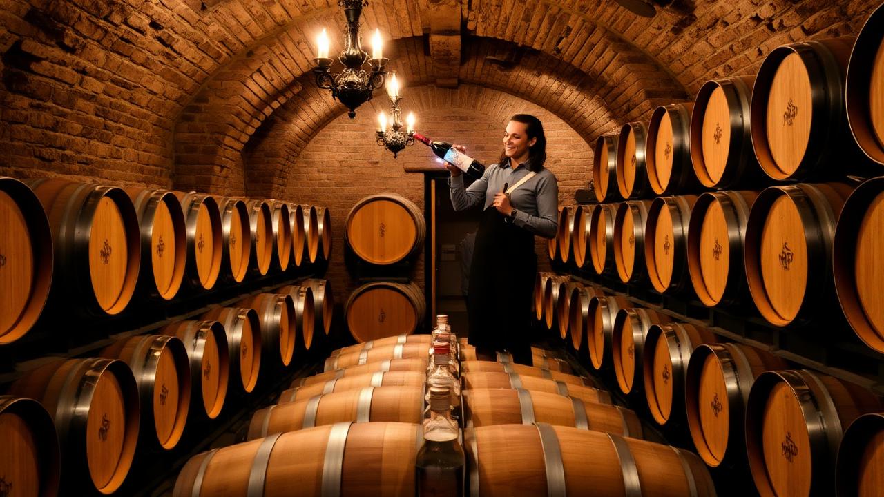 Wine cellar in Chianti Classico with oak barrels and sommelier pouring red wine