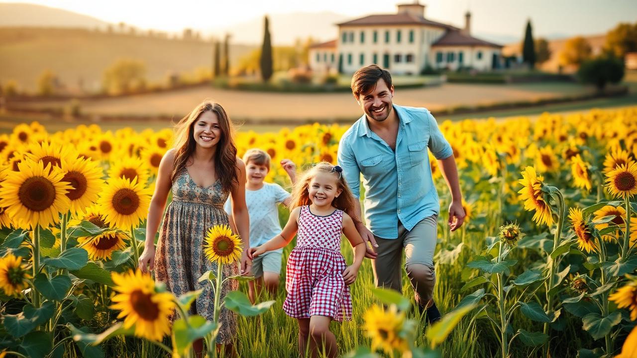 Happy family with children exploring a sunflower field in Tuscany with villa in background