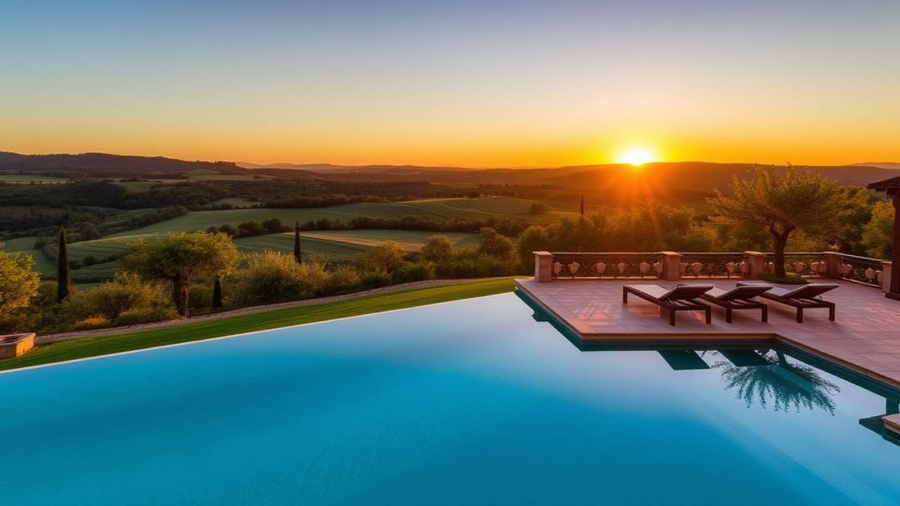 Stunning luxury Italian villa with infinity pool overlooking Tuscan countryside at sunset